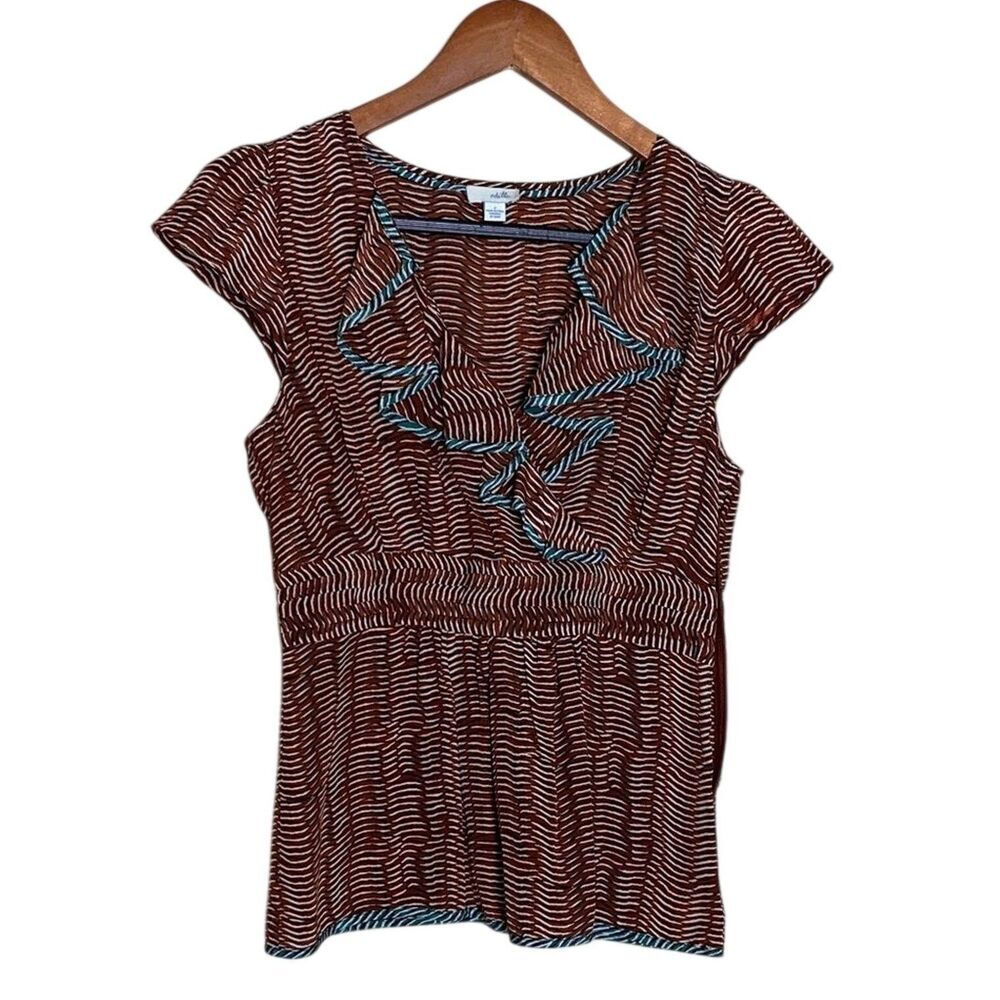 Odille Anthropologie Women’s Silk Blouse Ruffle Rust Striped Short Sleeve Y2K